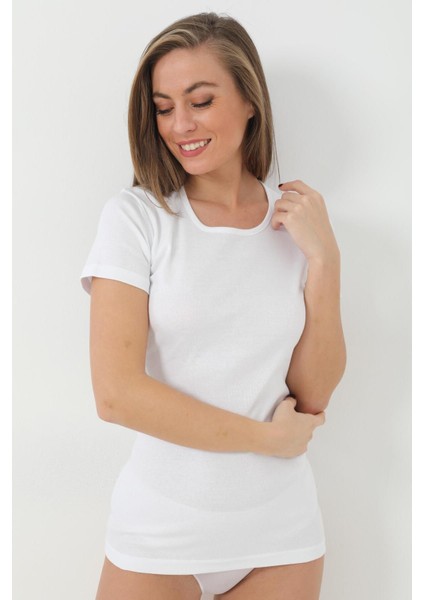 Kadın Tişört Kısa Kollu Pamuklu Ribana Beyaz - 2xl