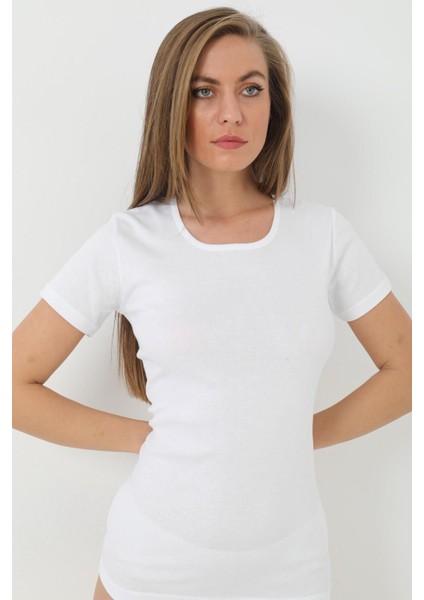 Kadın Tişört Kısa Kollu Pamuklu Ribana Beyaz - 2xl fırsatları