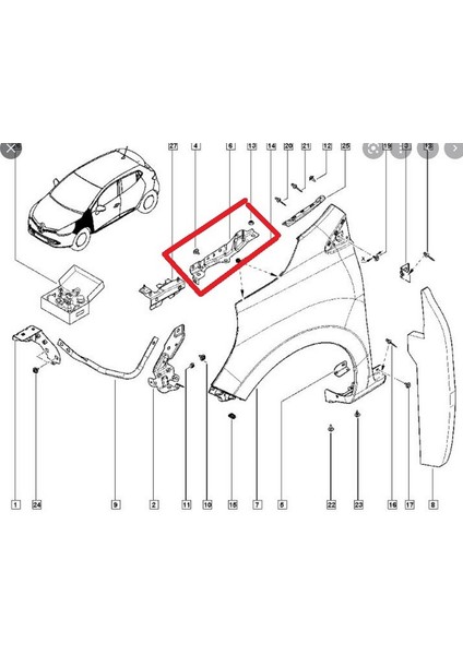 Renault Clıo- 4- Hb- 2013-2016; Ön Çamurluk Bağlantı Suportu Sol (Orta Kısım) (Sac) (Eagle Body) Oem No: (641356433R)