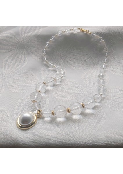 Doğal Kristal Kuvars Taşlı Inci Uçlu Kolye