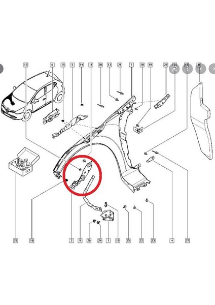 Renault Clıo- 4- Hb- 2013-2016; Ön Çamurluk Bağlantı Suportu Sağ (Uç Kısım) (Sac) (Eagle Body) Oem No: (620430255R)