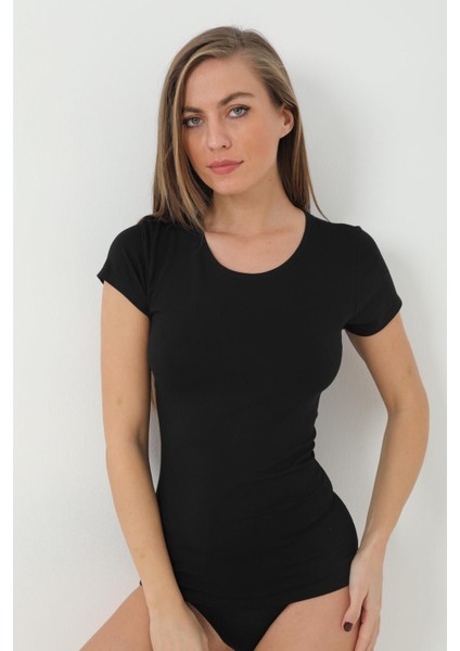 Kadın Bambu Tişört Bisiklet Yaka Kısa Kollu Siyah - 2xl