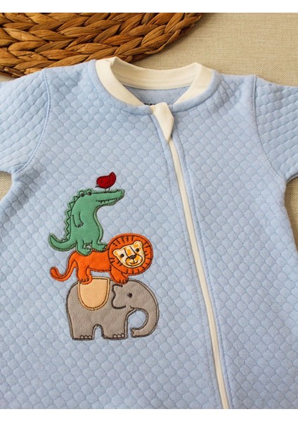 Animal Nakışlı Bal Peteği Kumaş Es Fermuarlı Erkek Bebek Tulumu Mavi modelleri