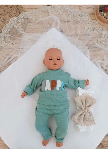 Yenidoğan Teri Cotton Taç Nakışlı Prizma Taş Kundak Bebek Battaniyesi Bej