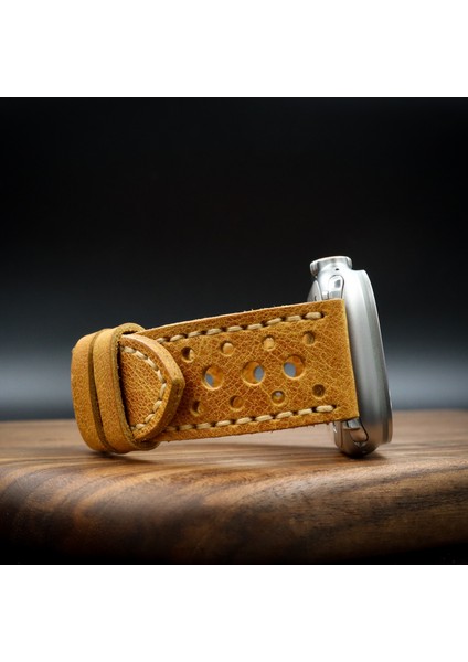 Apple Watch Uyumlu Deri Kordon Ultra Hardal Hakiki Deri saat kordonu delikli