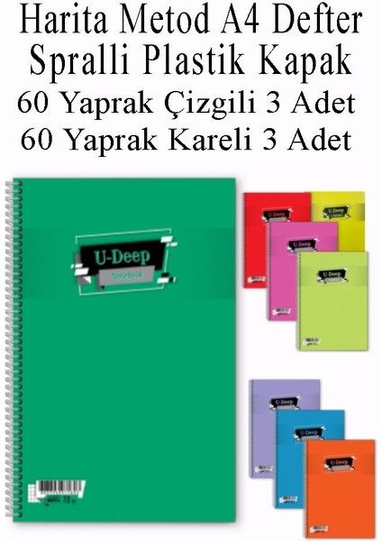 A4 Okul Defteri Spiralli Plastik Kapak 60 Yaprak Çizgili 3 Adet ve 60 Yaprak Kareli 3 Adet Spralli Harita Metod