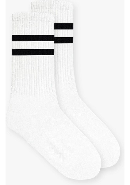 Unisex Çizgili Desenli Uzun Kolej Tenis Çorap Siyah