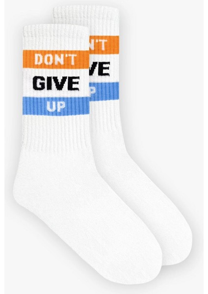 Unisex Don't Give Up Baskılı Uzun Kolej Tenis Çorap Beyaz