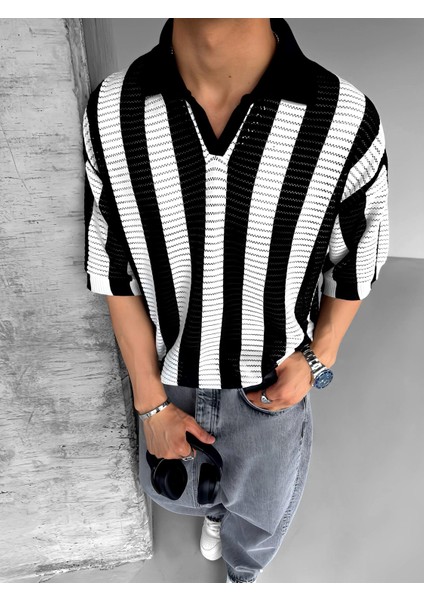 Oversize Yarım Pat Yaka Fileli Triko T-Shirt Siyah fiyatları