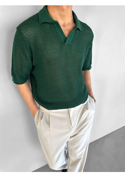 Oversize Yarım Pat Yaka File Çizgili T-Shirt Yeşil