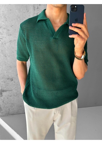Oversize Yarım Pat Yaka File Çizgili T-Shirt Yeşil modelleri