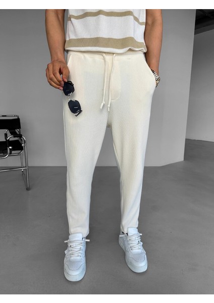 Loose Fit Ipli Esnek Triko Rahat Pantolon Ekru