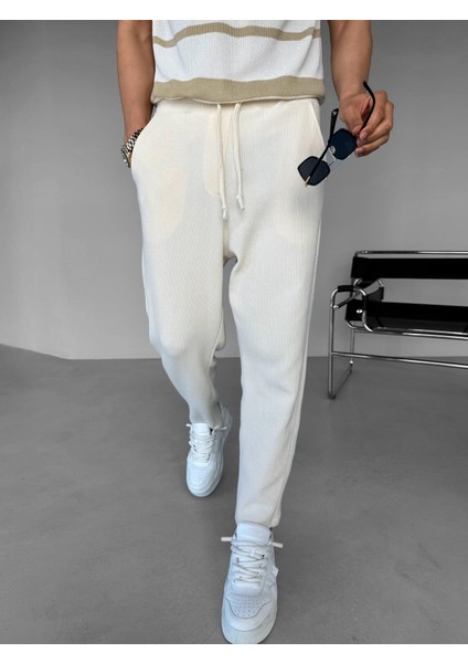 Loose Fit Ipli Esnek Triko Rahat Pantolon Ekru modelleri
