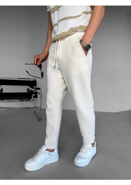 Loose Fit Ipli Esnek Triko Rahat Pantolon Ekru fırsatları