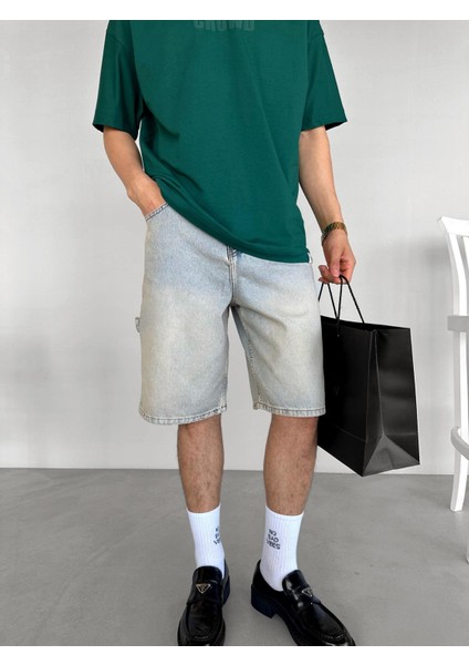 Baggy Fit Yıkamalı Jean Şort Buz Mavi