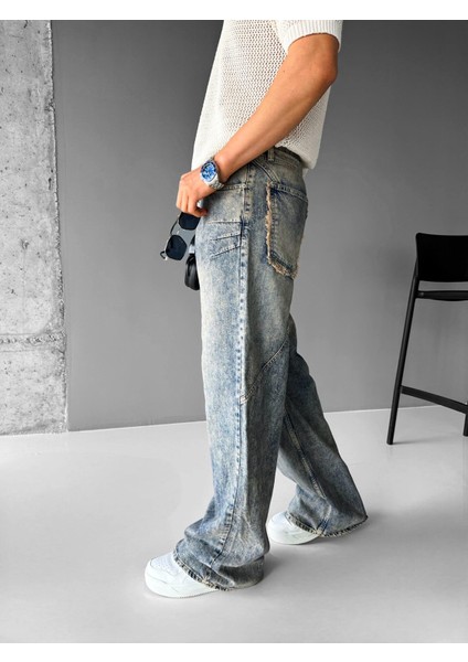 Super Baggy Fit Yan Pile Detaylı Yıkamalı Jean Pantolon Mavi