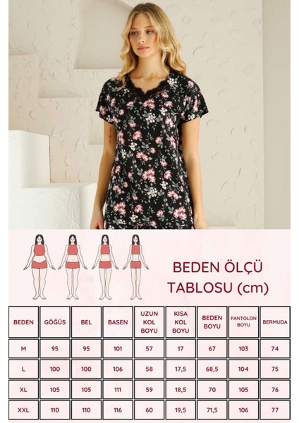 Kadın Siyah Bahar Dalı Kısa Kollu Dantelli V Yaka Bermuda Pijama Takımı EDY2735S indirimleri