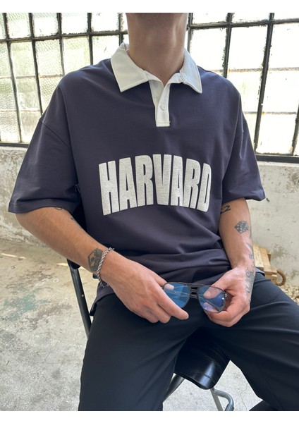 Harvard Polo Yaka Oversize T-Shirt-Füme