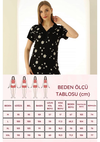 Kadın Siyah Papatya Desenli V Yaka Patlı Düğmeli Kısa Kollu Likralı Pijama Takımı EDY2728KK-S modelleri