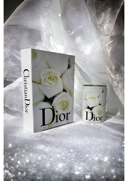 2li Dekoratif Kitap Kutu & Silindir Kutu Seti Dior Krem Gül Kutu Set
