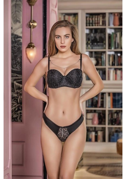 Simli Straplez Lotus Sütyen ve Slip Külot Takım Siyah (MGP31541)