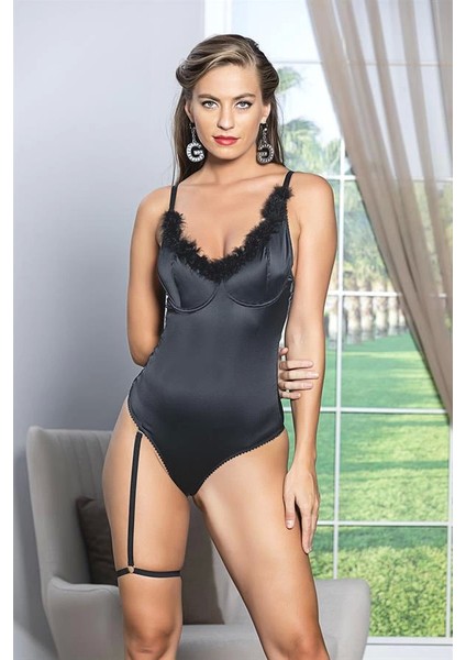 Saten Bacak Bantlı Çıtçıtlı Badi Siyah (MGP11490)