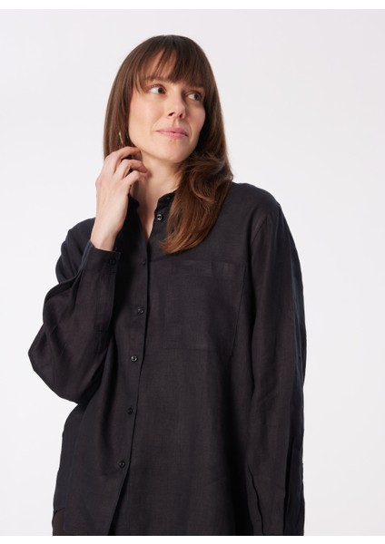 Siyah Kadın Geniş Fit Keten Gömlek 5BMLLQ06S