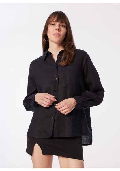 Siyah Kadın Geniş Fit Keten Gömlek 5BMLLQ06S modelleri