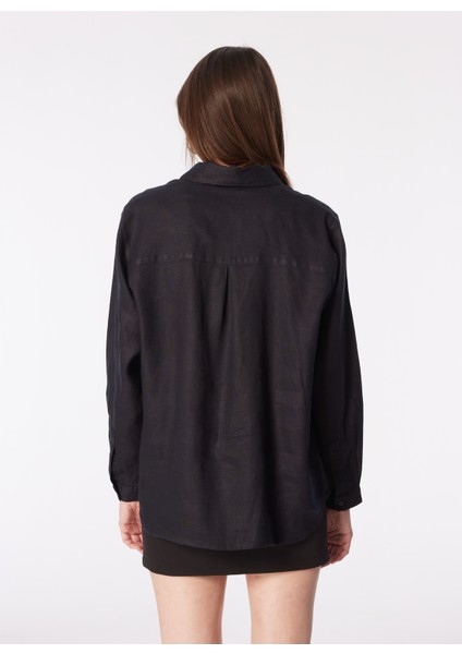 Siyah Kadın Geniş Fit Keten Gömlek 5BMLLQ06S indirimleri