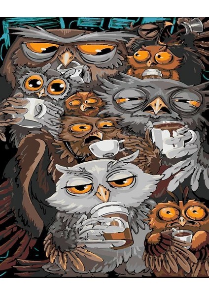 Uykulu Baykuşlar Sayılarla Boyama Seti (Tuvale Gerili)