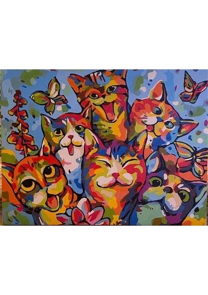 Mutlu Kediler Sayılarla Boyama Seti 50X65 cm (Tuvale Gerili)
