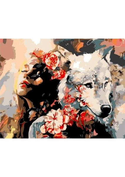 Kadın ve Kurt Sayılarla Boyama Seti (Tuvale Gerili)