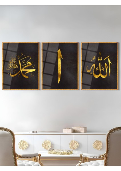 Allah Muhammed Elif 3'Lü Set Dini Cam Tablo - Dini Tablolar-Islami Cam Tablo-Islami Tablo-Isl031