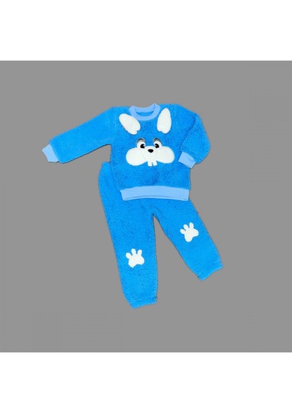 Kulaklı Tavşan Figürlü Kuzu Kumaş Sweat Pantolon Uzun Kollu Kız Erkek 2 Li Takımı Saks Mavisi