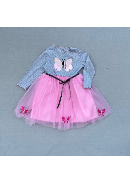 Taşlı Kelebek Desenli Kurdela Kuşaklı Astarlı Kız Çocuk Tütü Elbise Pembe