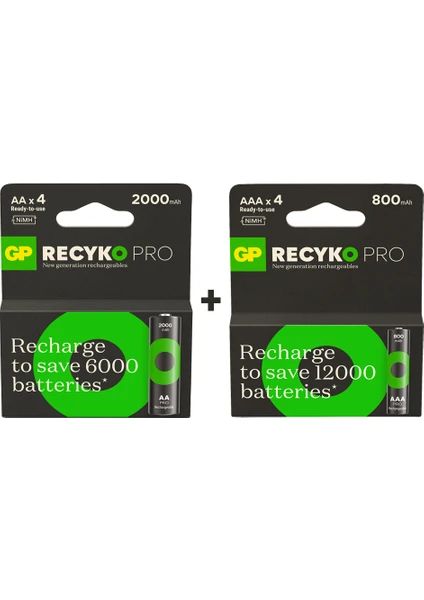 Gp Recyko Pro 2000 Mah 4'lü Aa Kalem + Gp Recyko Pro 800 Mah 4'lü Aaa Ince Kalem