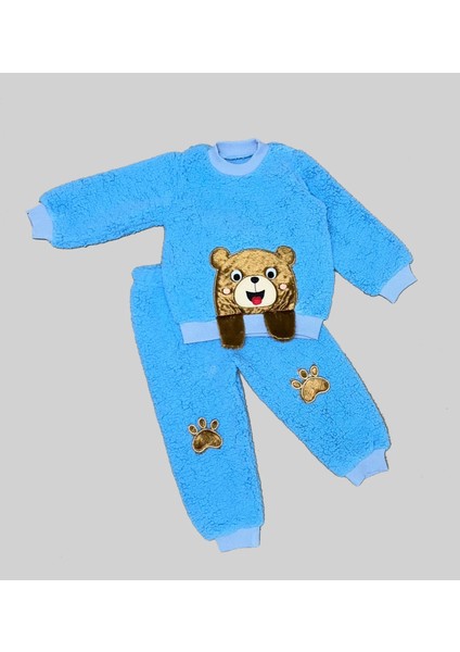 Sallanan El Icıklı Kuzu Kumaş Sweat Patili Pantolon Uzun Kollu Kız Erkek 2 Li Takımı Saks Mavisi