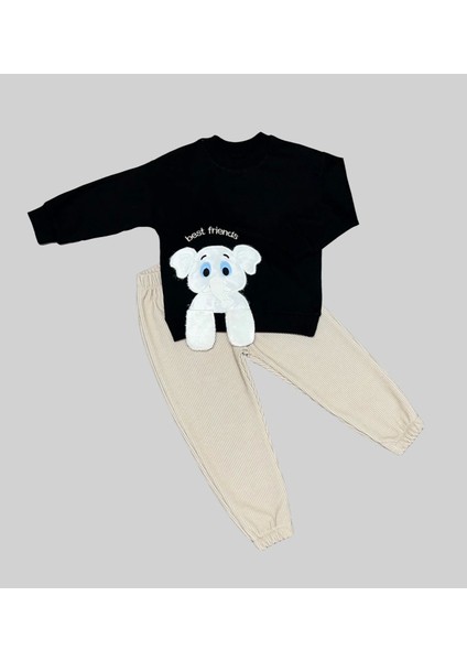 Filli Sallanan Ak Desenli Likra Penye Kumaş Sweat Pantolonlu Kız Erkek 2li Çocuk Takımı Siyah