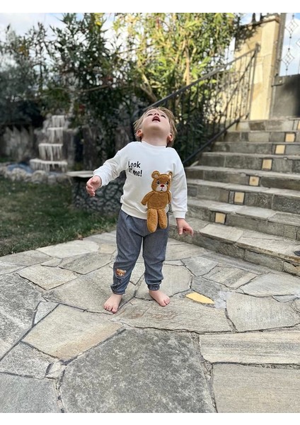 Icık Sallanan Ak Desenli Likra Penye Kumaş Sweat Pantolonlu Kız Erkek 2li Çocuk Takımı Siyah fiyatları