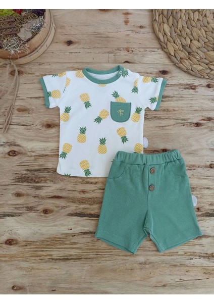 Ananas Baskılı Şort Tişört 2 Li Kız Erkek Bebek Takımı Yeşil