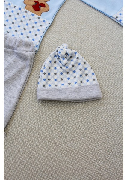 Romantik Icık Nakışlı Şapkalı Uzun Kollu Sweatli 3lü Kız-Erkek Bebek Takımı Mavi fırsatları