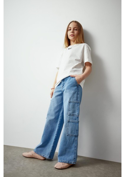 Kız Çocuk Wide Leg Kargo Geniş Paça Jean Pantolon B9821A824SM