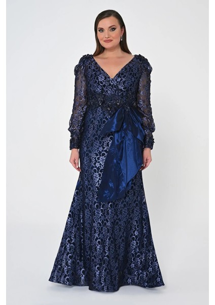 V Yaka Büyük Beden Işlemeli Uzun Kollu Lacivert Kadın Abiye 2246667