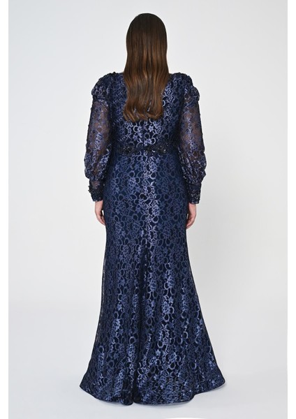 V Yaka Büyük Beden Işlemeli Uzun Kollu Lacivert Kadın Abiye 2246667 fırsatları