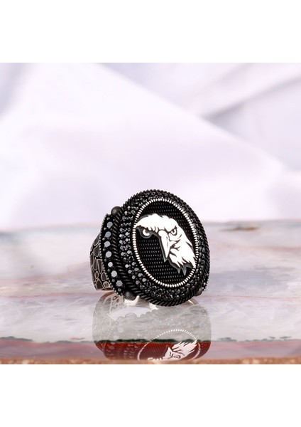 925 Ayar Gümüş Kartal Motifli Mikro Taşlı Erkek Yüzük