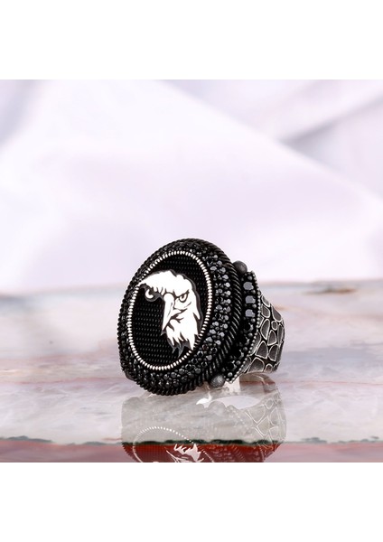 925 Ayar Gümüş Kartal Motifli Mikro Taşlı Erkek Yüzük fiyatları
