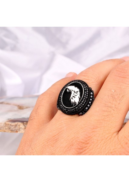 925 Ayar Gümüş Kartal Motifli Mikro Taşlı Erkek Yüzük modelleri