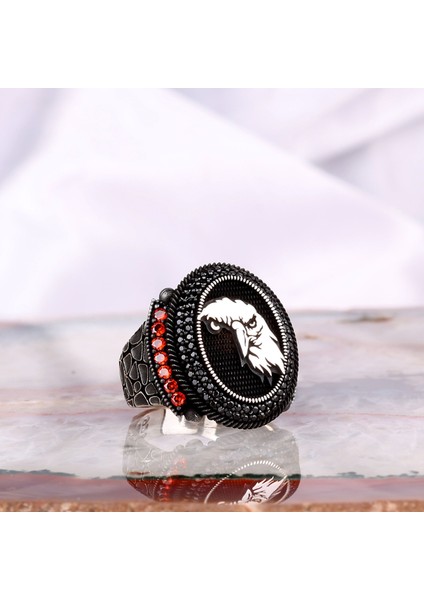 925 Ayar Gümüş Kartal Motifli Mikro Taşlı Erkek Yüzük