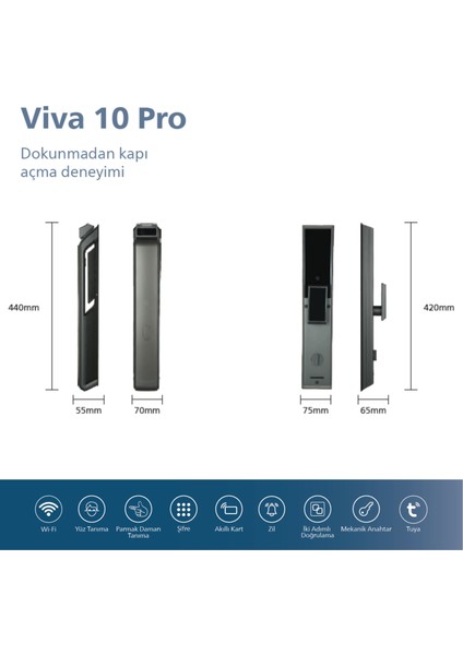 Akıllı Kilit Viva 10 Pro - İç Kilit Dahil & Montaj Dahil - Yüz Tanımalı, Kamera, Dahili Ekran, Parmaz İzi, Şifre, Kart