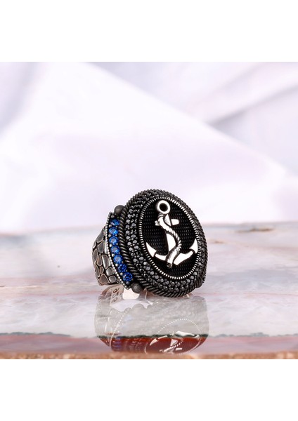 925 Ayar Gümüş Mikro Taşlı Çapa Model Yüzük